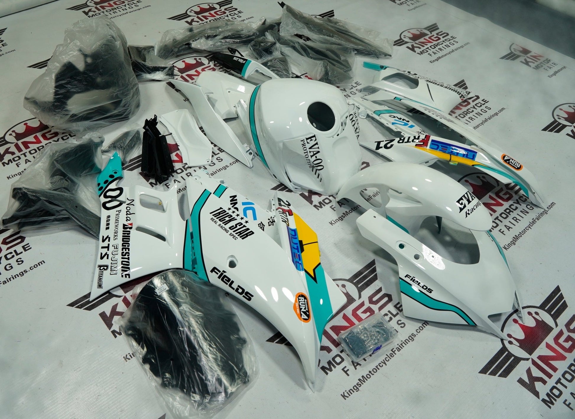 Yamaha R3 Fairings (2022-2024) White, Blue Eva at KingsMotorcycleFairings.com