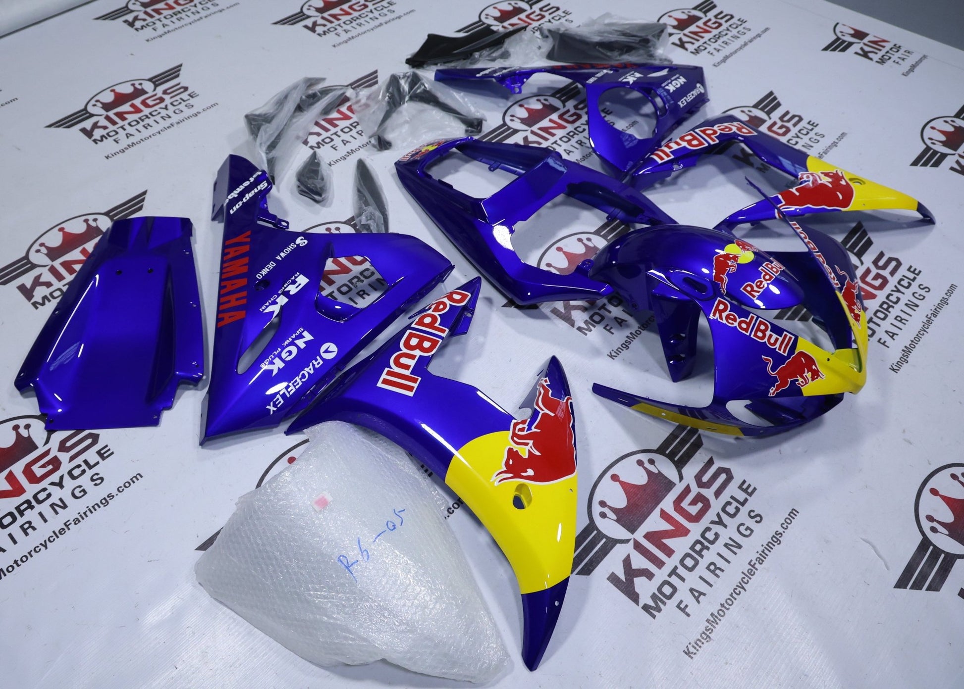 Yamaha R6 Fairings (2005) Blue, Yellow, Red Bull at KingsMotorcycleFairings.com
