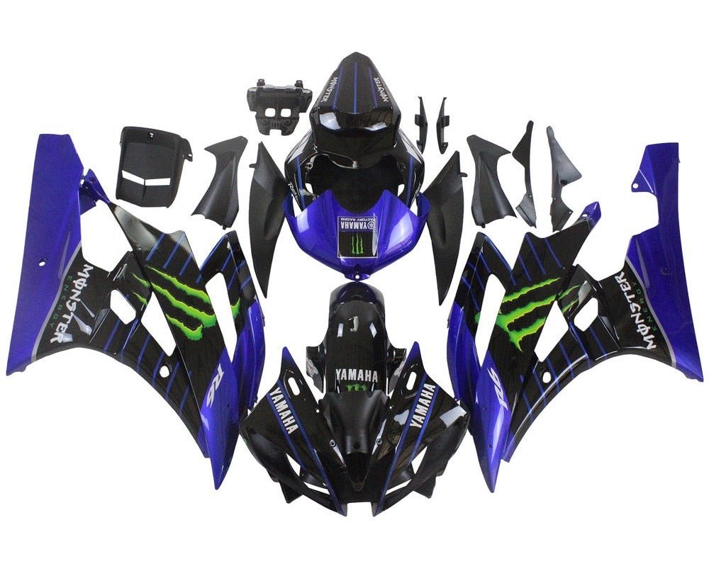 Yamaha R6 Fairings (2006-2007) Black, Blue Stripe, Monster at KingsMotorcycleFairings.com