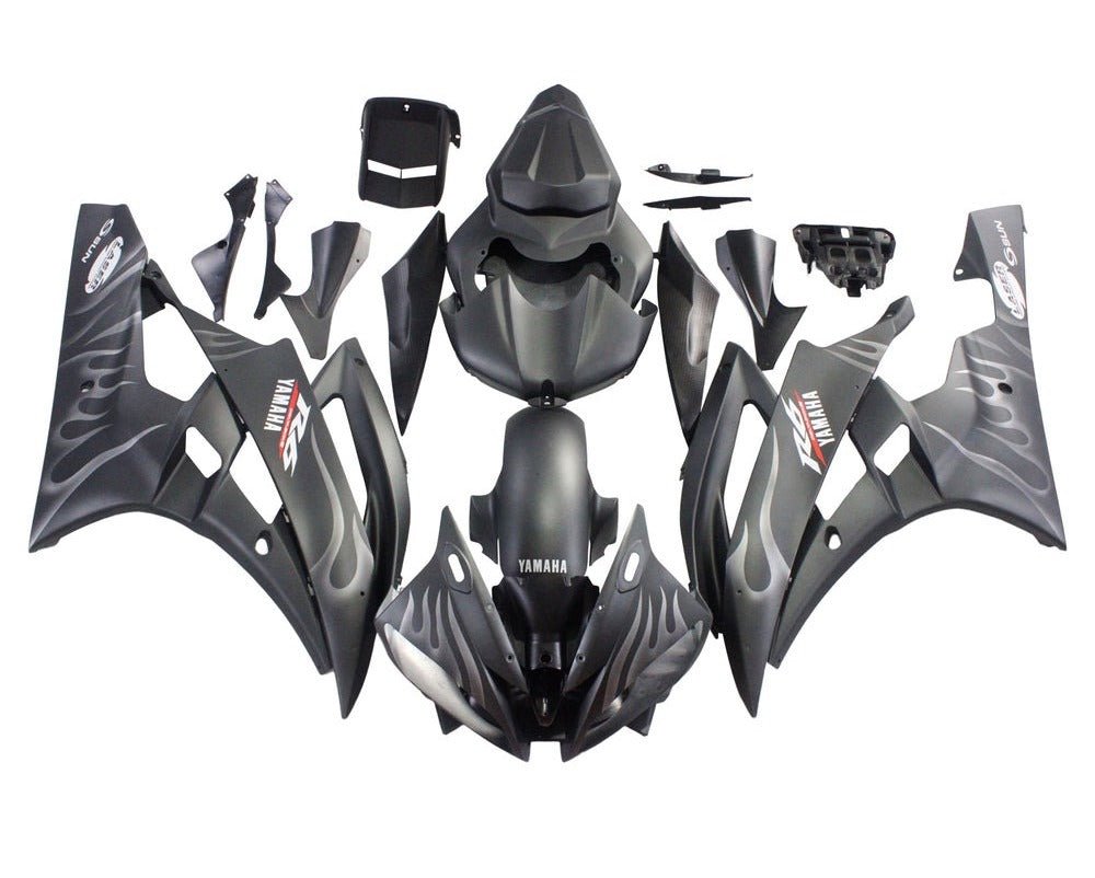 Yamaha YZF-R6 Fairings (2006-2007) Matte Black Ghost Flames at KingsMotorcycleFairings.com
