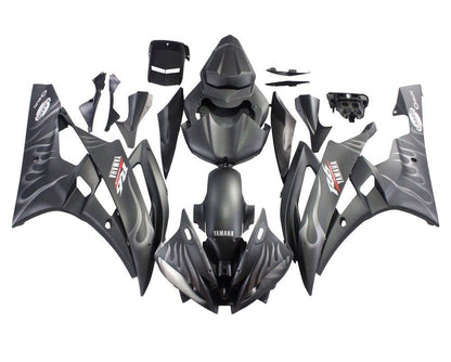Yamaha YZF-R6 Fairings (2006-2007) Matte Black Ghost Flames at KingsMotorcycleFairings.com