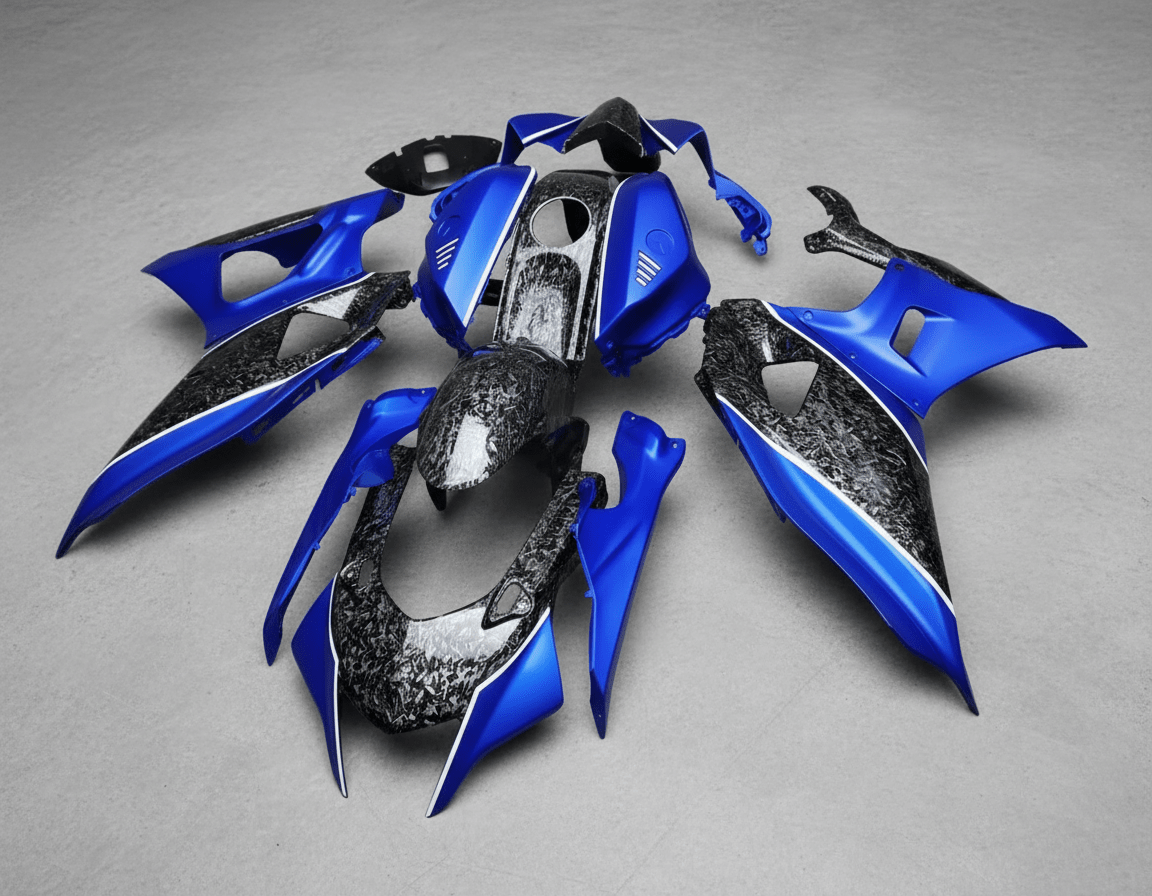 Yamaha R7 Fairings (2021-2025) Forged Carbon Fiber Style, Blue, White at KingsMotorcycleFairings.com