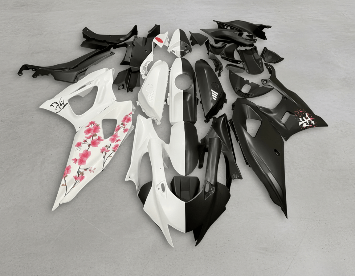 Yamaha R7 Fairings (2021-2025) Matte White, Matte Black Split, Flowers at KingsMotorcycleFairings.com