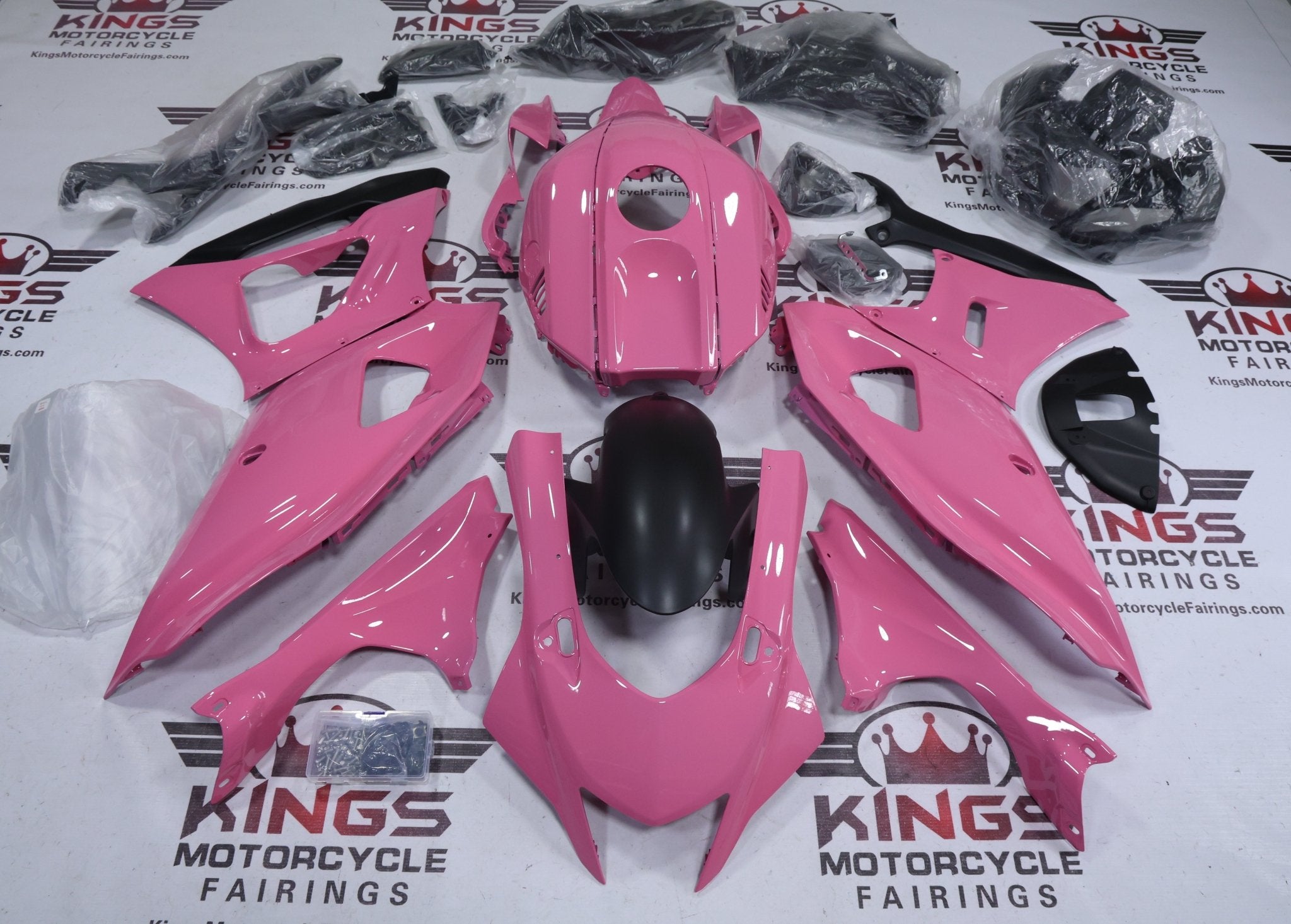 Yamaha R7 Fairings (2021-2025) Pink Gloss, Matte Black from KingsMotorcycleFairings.com