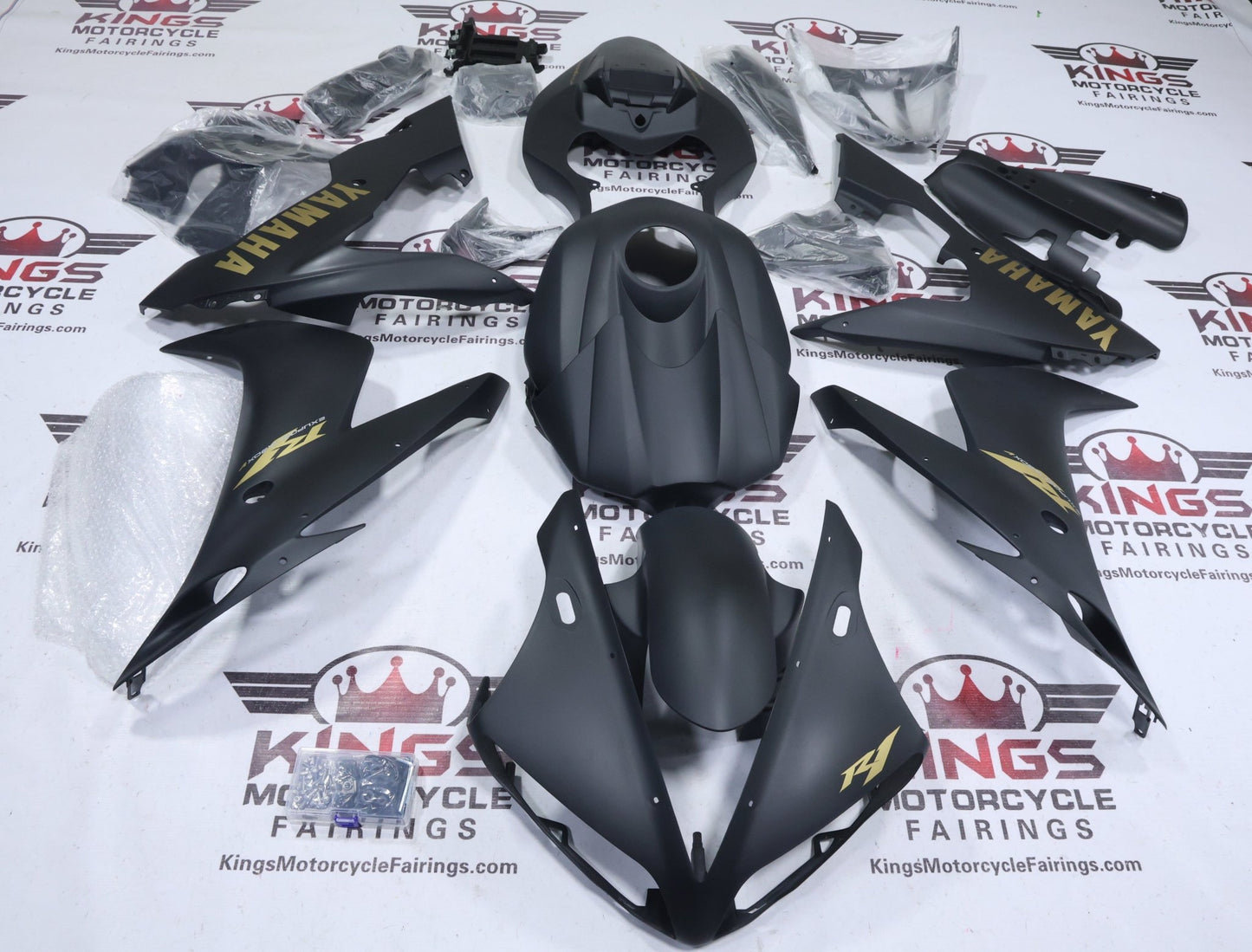 Yamaha YZF-R1 Fairing Kit (2004-2006) Flat Black, Flat Gold at KingsMotorcycleFairings.com
