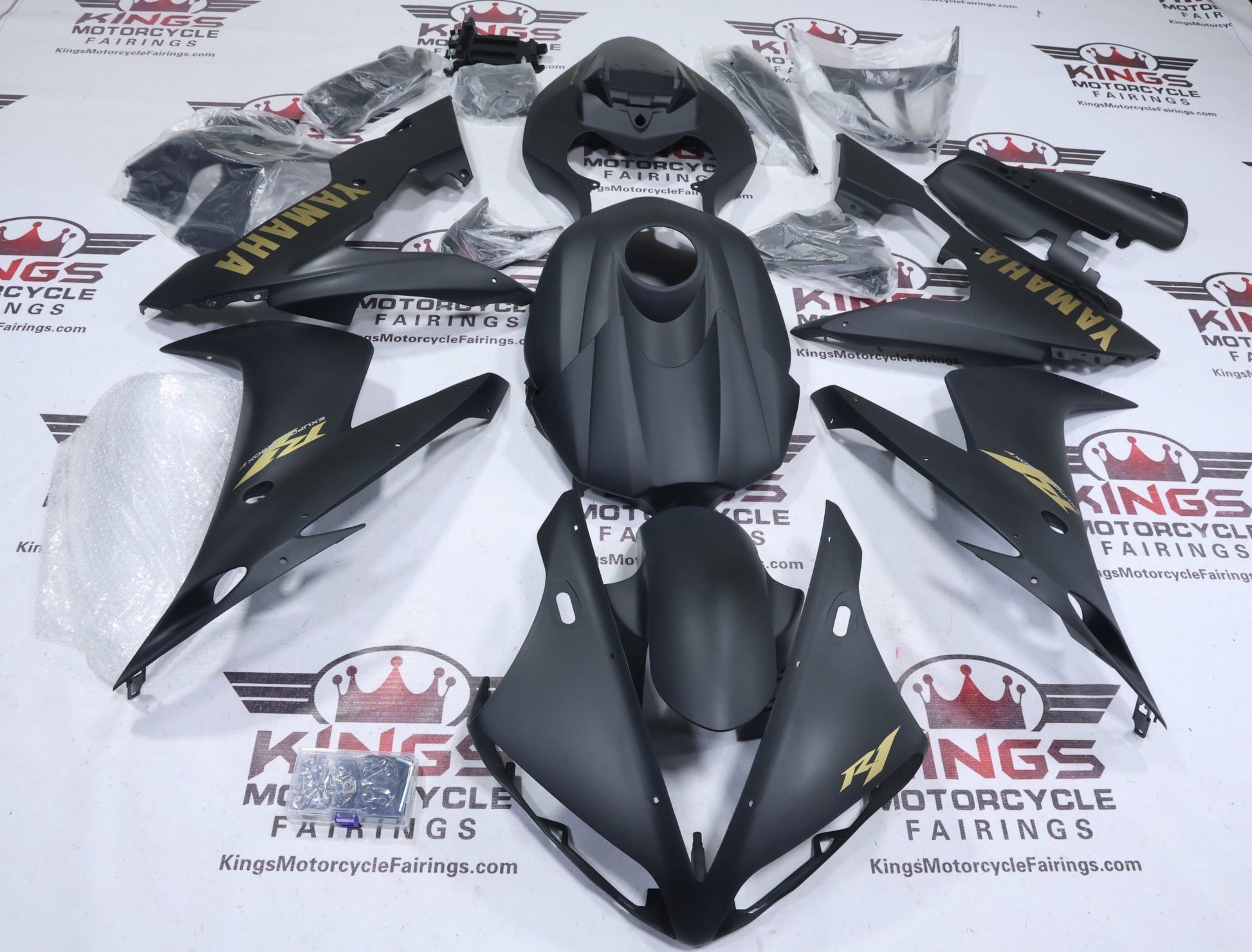 Yamaha YZF-R1 Fairing Kit (2004-2006) Flat Black, Flat Gold at KingsMotorcycleFairings.com