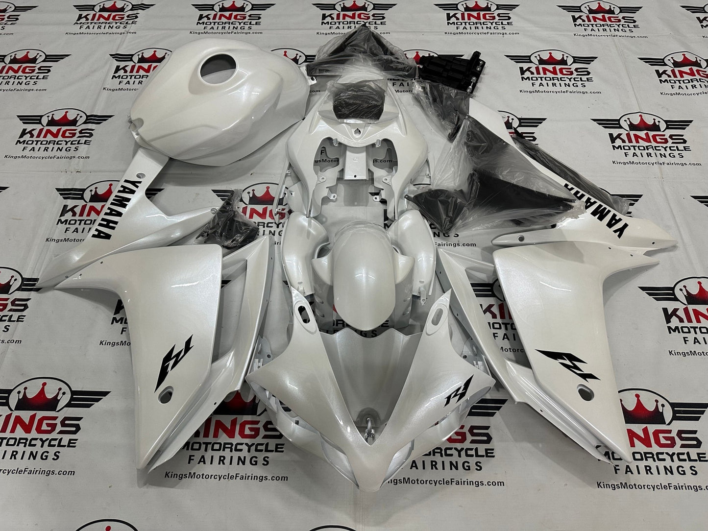 Yamaha YZF-R1 Fairings (2007-2008) Pearlescent White, Black at KingsMotorcycleFairings.com