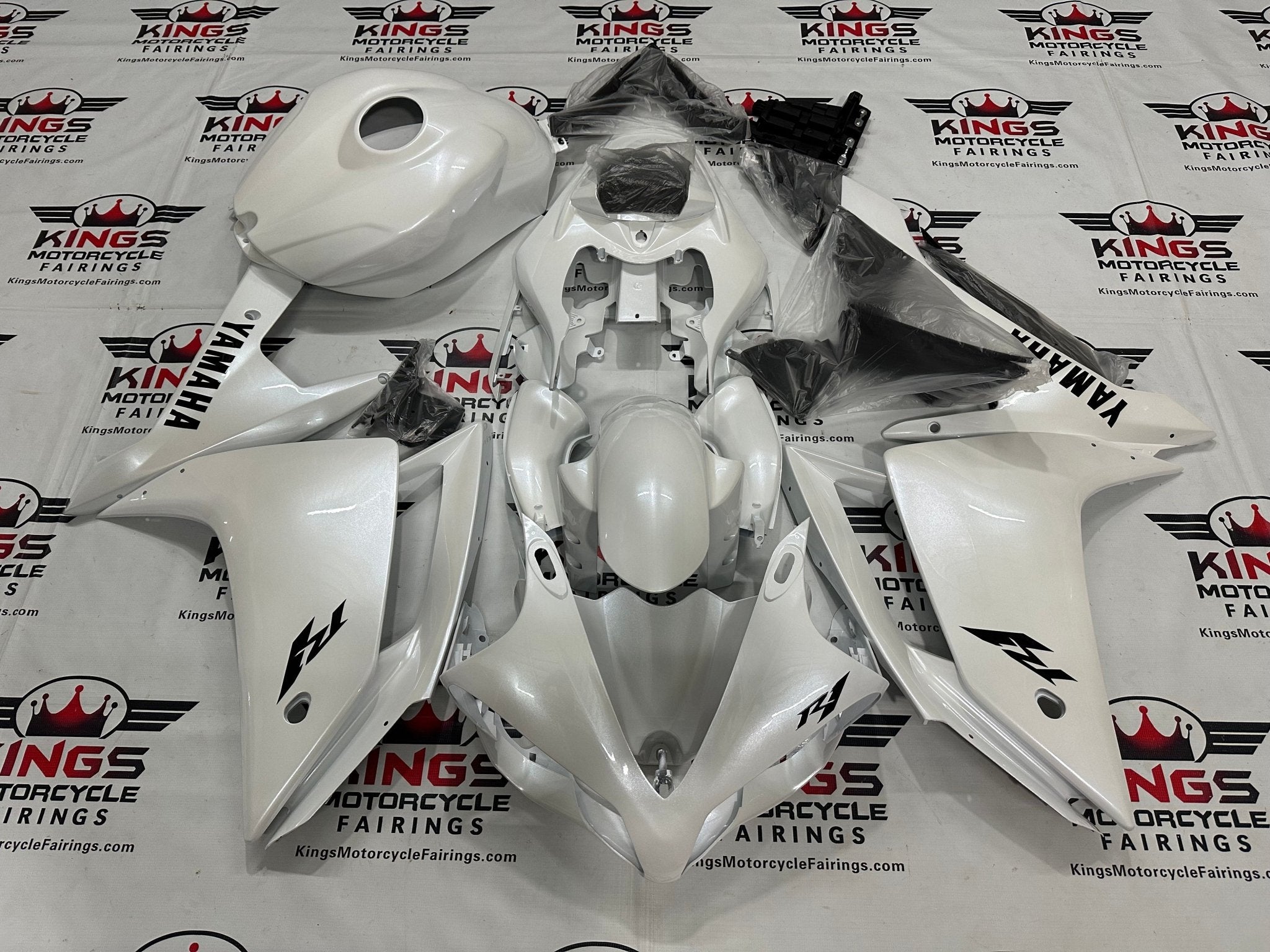 Yamaha YZF-R1 Fairings (2007-2008) Pearlescent White, Black at KingsMotorcycleFairings.com