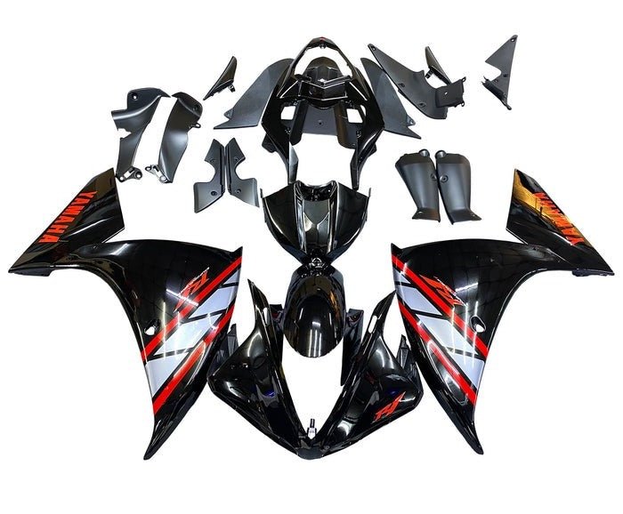 Yamaha R1 Fairings (2012-2014) Black, Silver, Red Stripe at KingsMotorcycleFairings.com