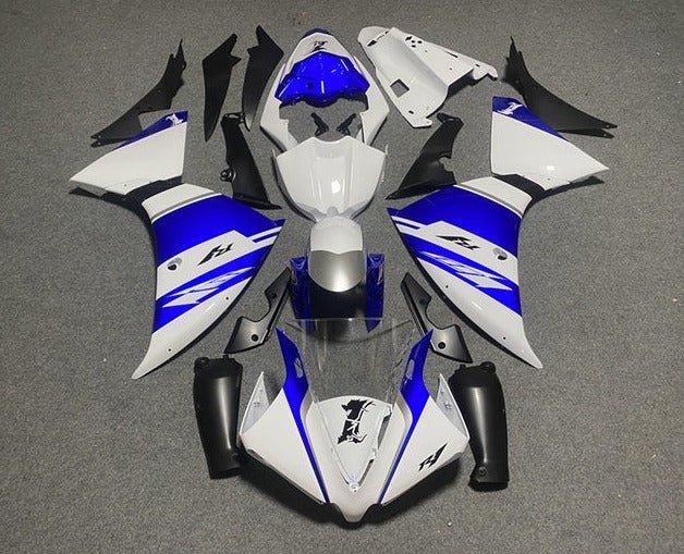 Yamaha R1 Fairings (2012-2014) White, Blue, Silver Striping at KingsMotorcycleFairings.com
