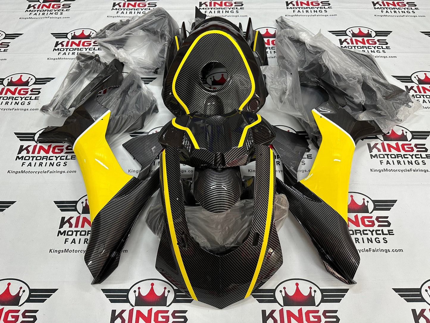Yamaha YZF-R1 Fairings (2015-2019) Faux Carbon Fiber, Yellow, White at KingsMotorcycleFairings.com