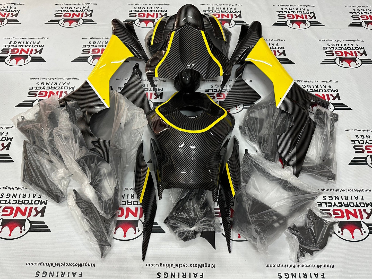 Yamaha YZF-R1 Fairings (2015-2019) Faux Carbon Fiber, Yellow, White from KingsMotorcycleFairings.com