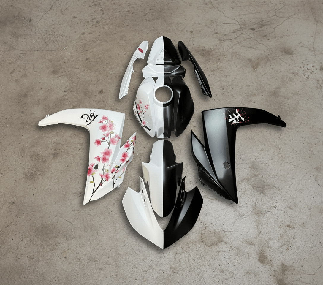Yamaha YZF-R3 Fairings (2015-2018) Matte White, Matte Black Split Flowers at KingsMotorcycleFairings.com