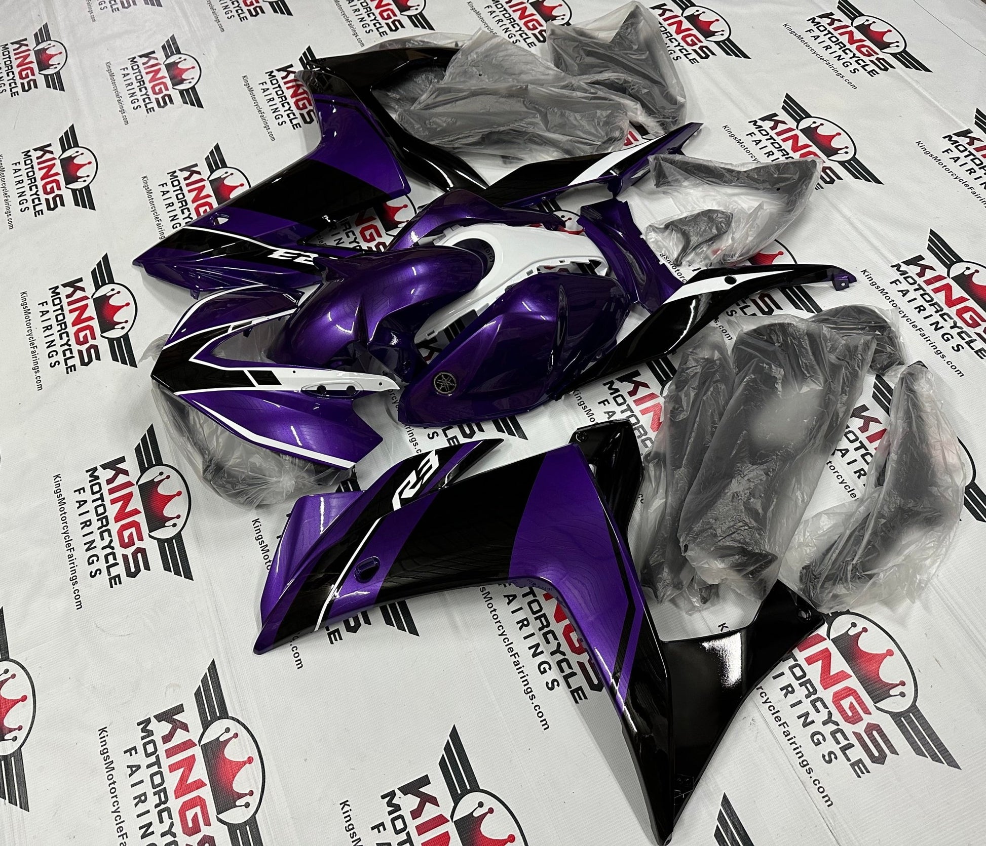 Yamaha YZF-R3 Fairings (2015-2018) Purple, Black, White Stripe at KingsMotorcycleFairings.com