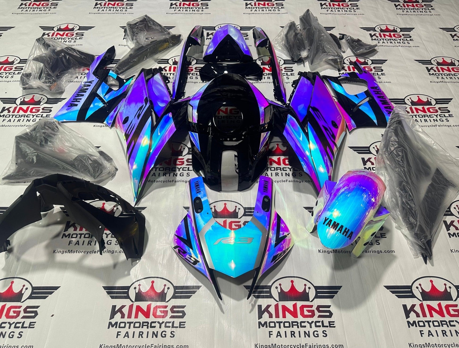 Yamaha YZF-R3 Fairings (2022-2024) Chrome, Blue, Pink Chameleon at KingsMotorcycleFairings.com