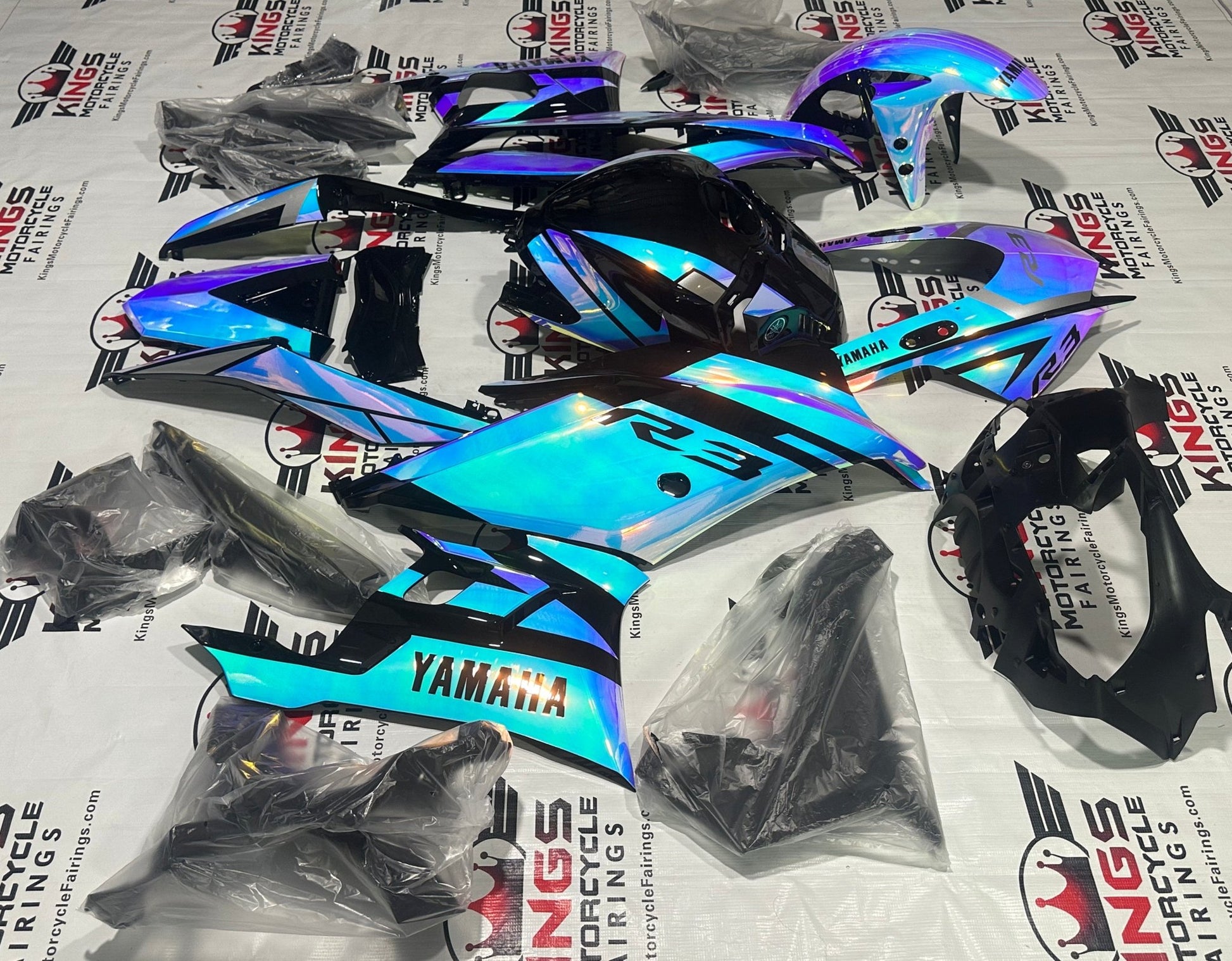 Yamaha R3 Fairing set (2022-2024) Chrome, Blue, Pink Chameleon at KingsMotorcycleFairings.com