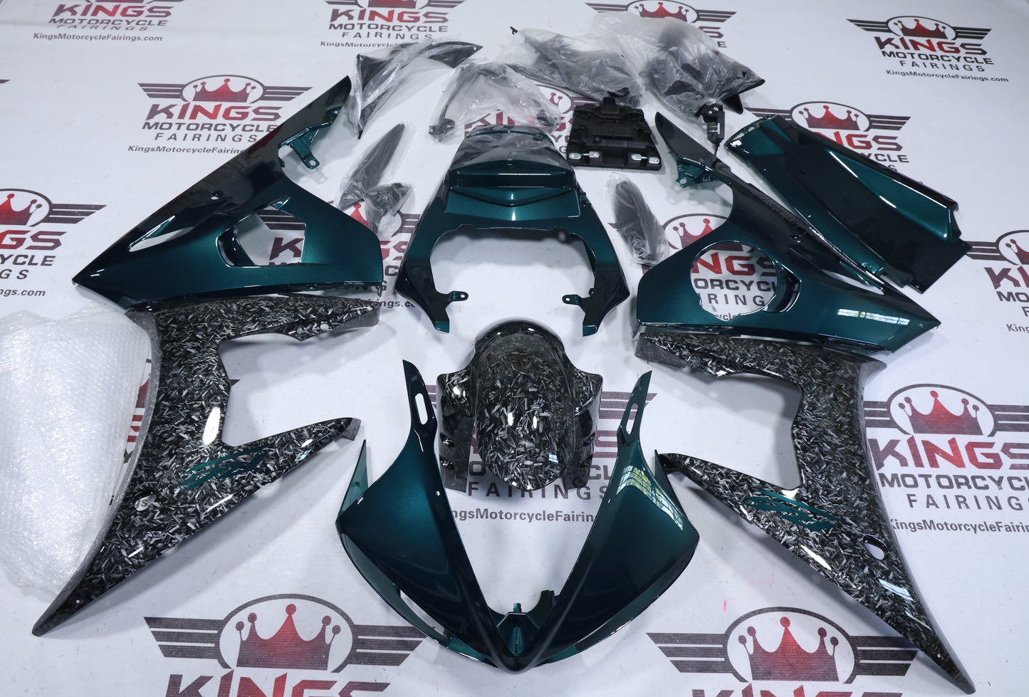 Yamaha YZF-R6 Fairings (2005) Faux Forged Carbon Fiber, Green at KingsMotorcycleFairings.com