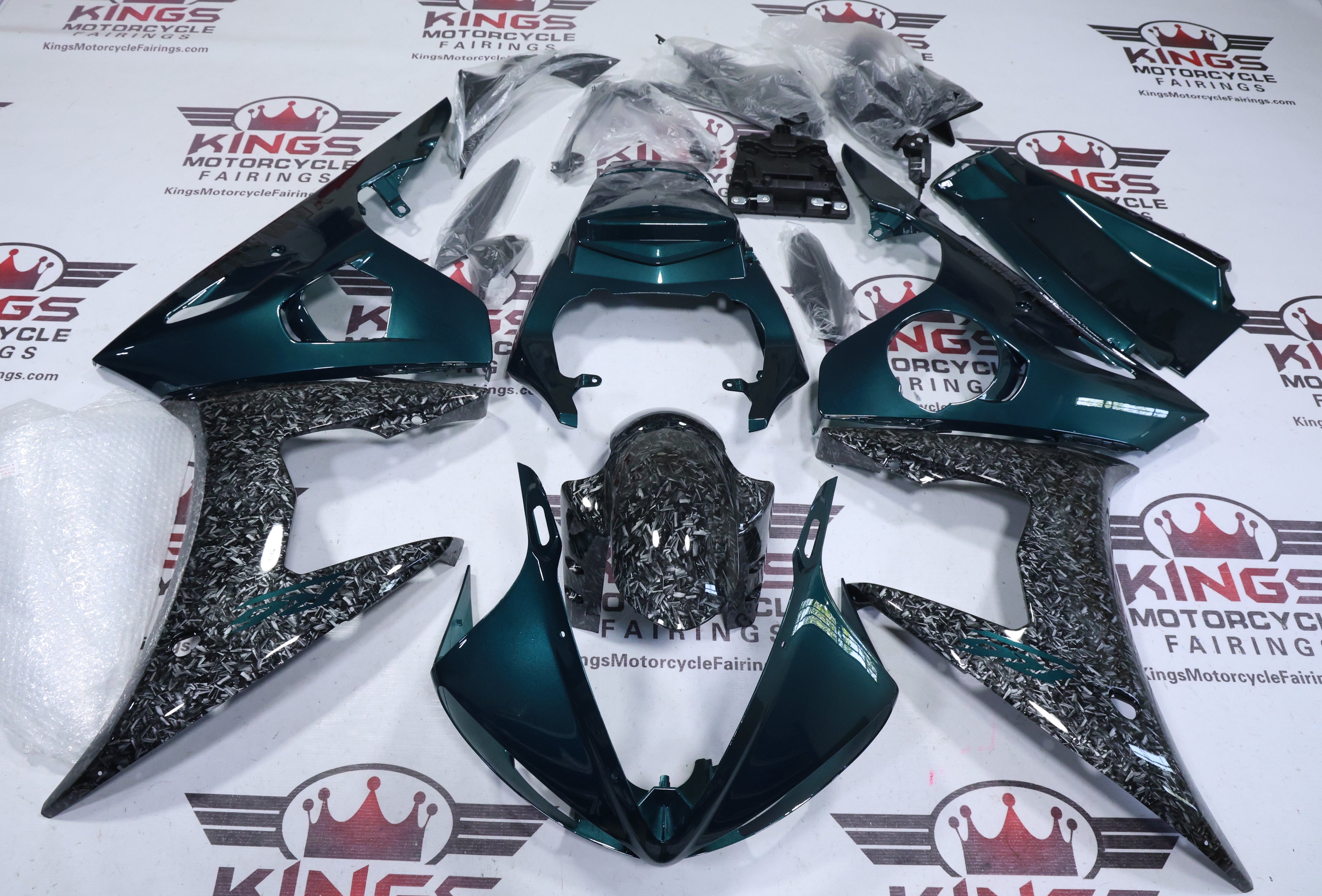 Yamaha YZF-R6 Fairings (2005) Faux Forged Carbon Fiber, Green at KingsMotorcycleFairings.com