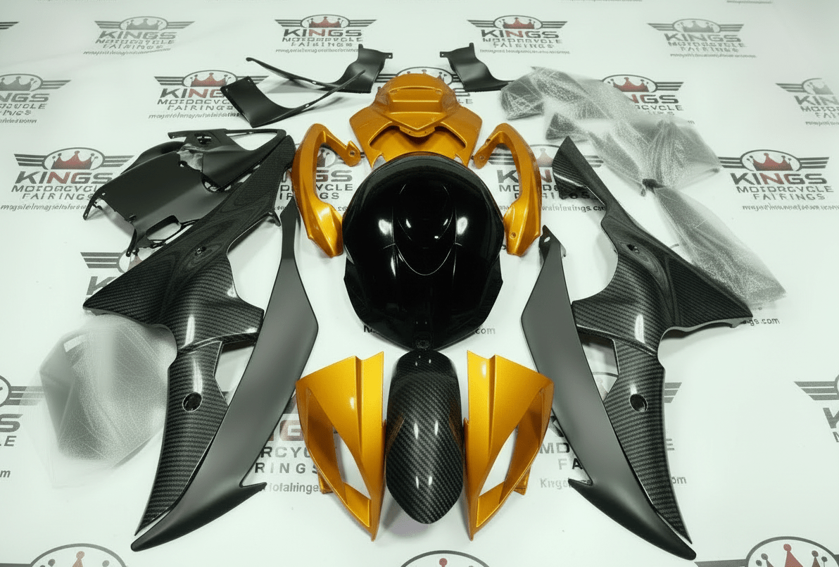 Yamaha YZF-R6 Fairings (2008-2016) Faux Carbon Fiber, Gold, Black at KingsMotorcycleFairings.com