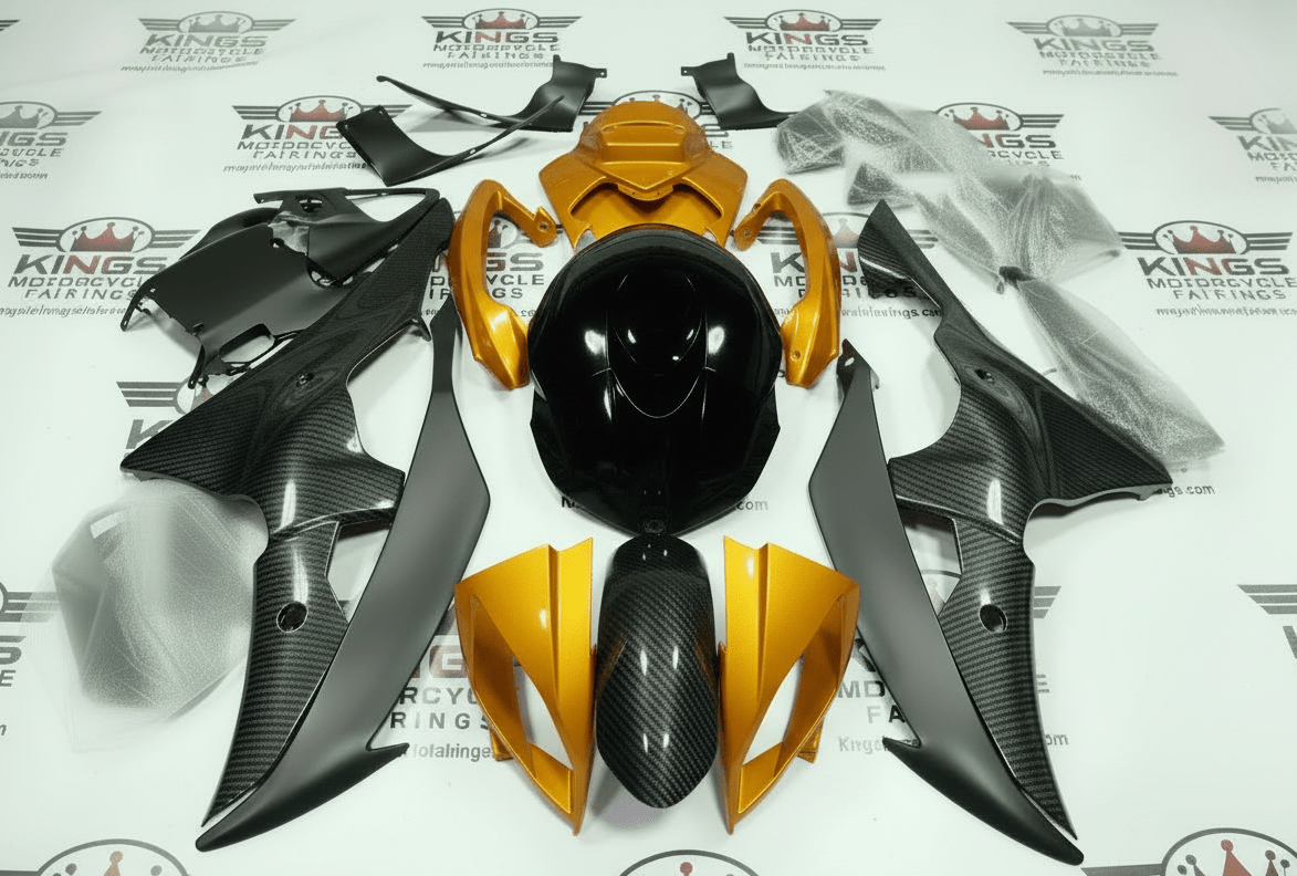 Yamaha R6 Fairings (2008-2016) Faux Carbon Fiber, Gold, Black at KingsMotorcycleFairings.com