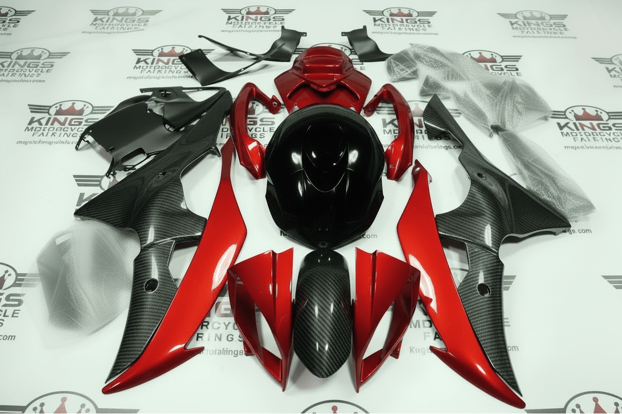 Yamaha YZF-R6 Fairings (2008-2016) Faux Carbon Fiber, Red, Black at KingsMotorcycleFairings.com