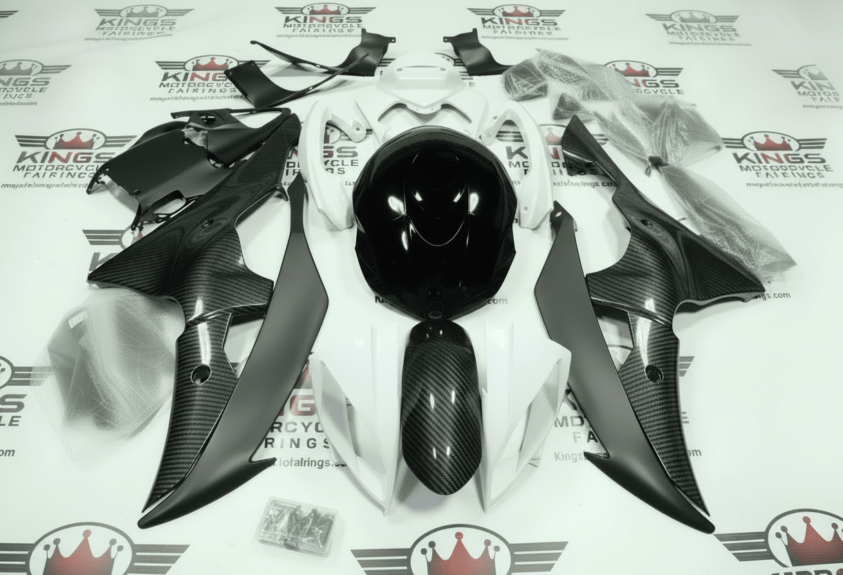 Yamaha YZF-R6 Fairings (2008-2016) Faux Carbon Fiber, White, Black at KingsMotorcycleFairings.com