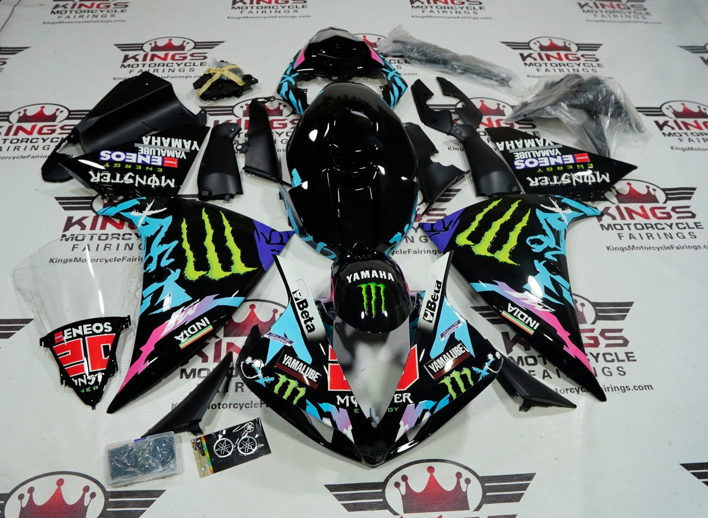 Yamaha R1 Fairings (2009-2011) Black, Turquoise Blue Monster at KingsMotorcycleFairings.com