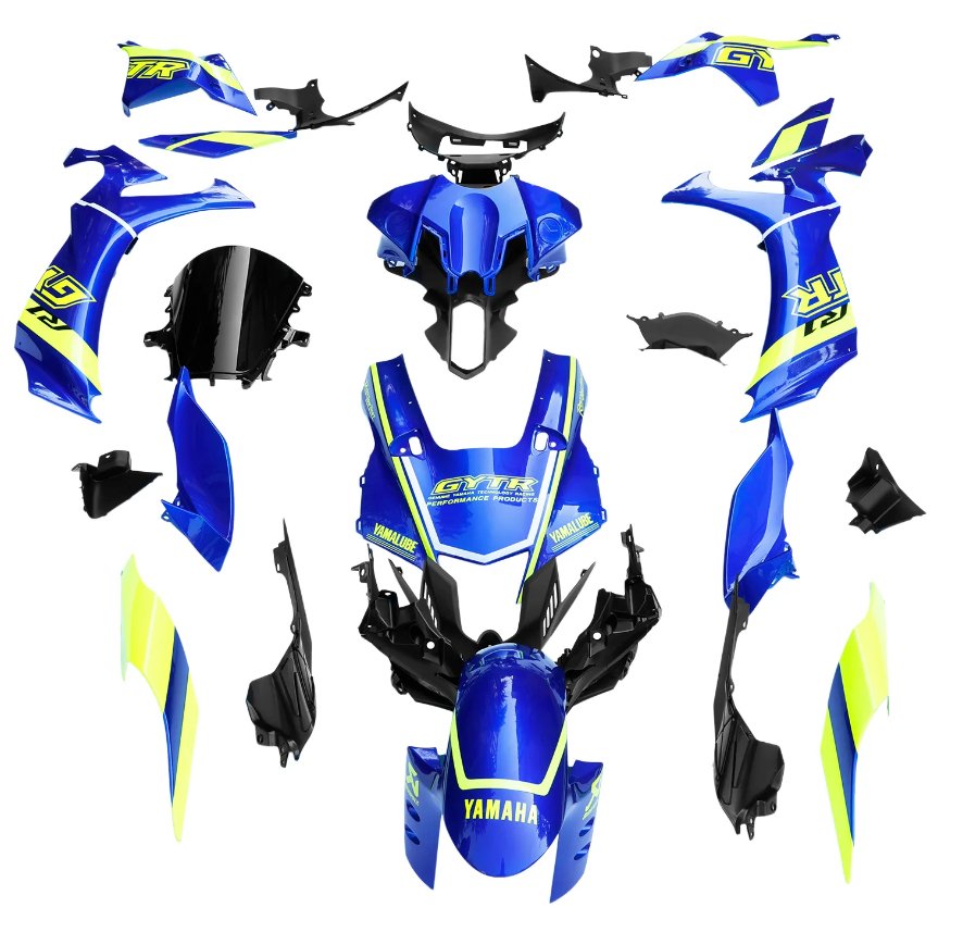 Yamaha R1 Fairings (2020-2025) Blue, Yellow, White, Stripe at KingsMotorcycleFairings.com