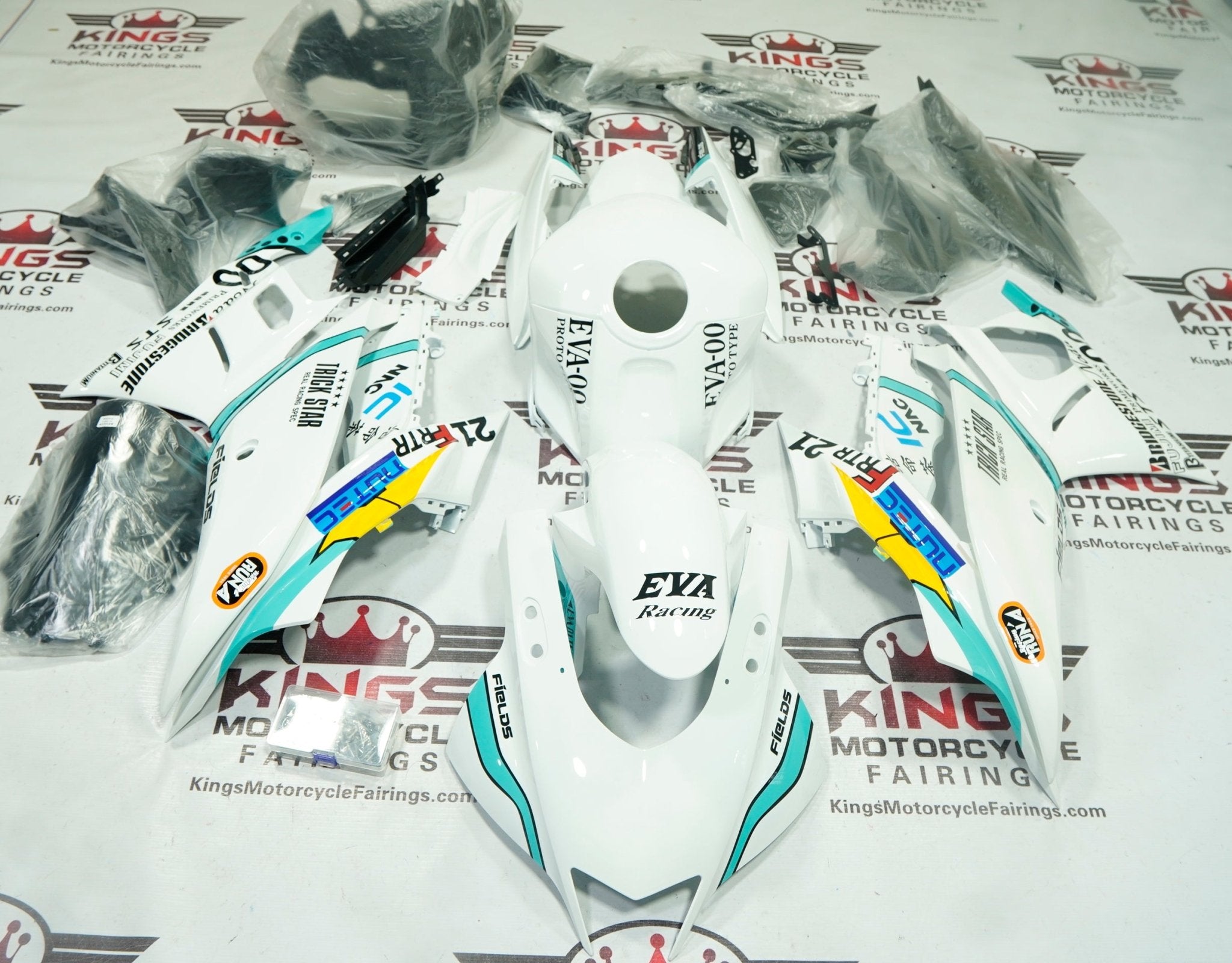 Yamaha R3 Fairing Set (2019-2021) White, Blue Eva at KingsMotorcycleFairings.com