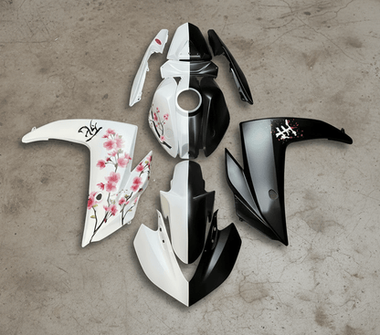 Yamaha R3 Fairings (2015-2018) Matte White, Matte Black Split Flowers at KingsMotorcycleFairings.com
