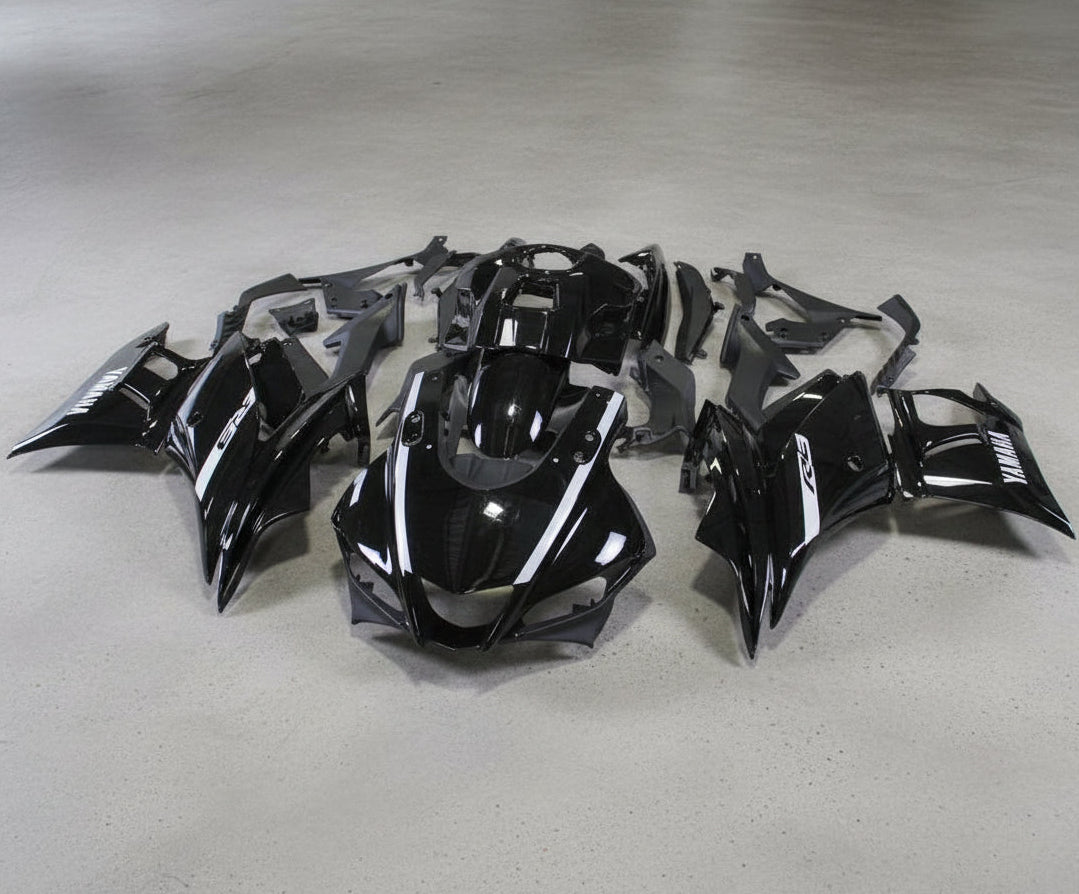 Yamaha R3 Fairings (2019-2021) Black, White Stripes at KingsMotorcycleFairings.com