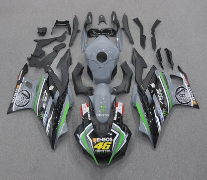 Yamaha R3 Fairings (2022-2024) Gray, Black, Green Stripes at KingsMotorcycleFairings.com