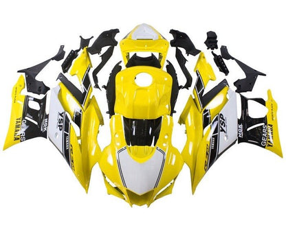 Yamaha R3 Fairings (2022-2024) Yellow, White, Black Stripes at KingsMotorcycleFairings.com