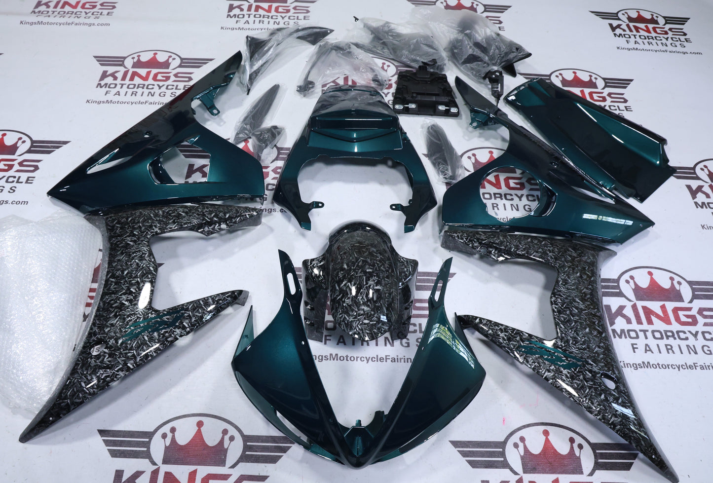 Yamaha R6 Fairings (2005) Faux Forged Carbon Fiber, Green at KingsMotorcycleFairings.com