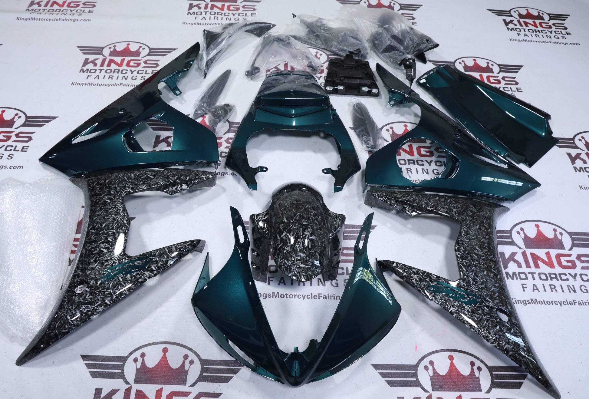 Yamaha R6 Fairings (2005) Faux Forged Carbon Fiber, Green at KingsMotorcycleFairings.com