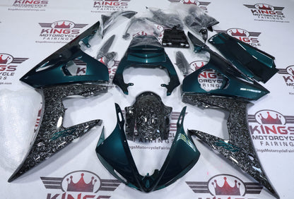 Yamaha R6 Fairings (2005) Faux Forged Carbon Fiber, Green at KingsMotorcycleFairings.com