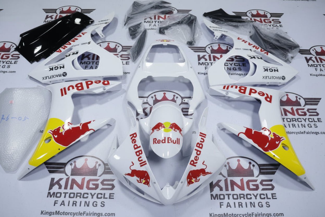 Yamaha R6 Fairings (2005) White, Yellow, Red Bull at KingsMotorcycleFairings.com