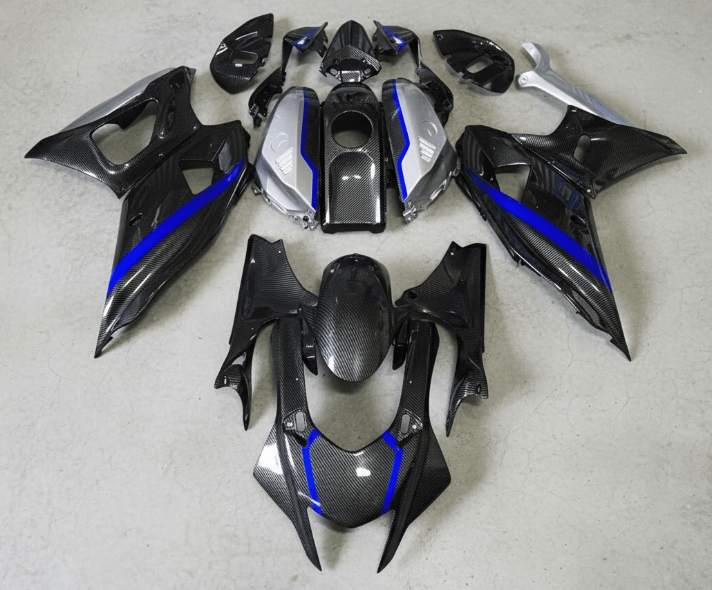 Yamaha R7 Fairings (2021-2025) Faux Carbon Fiber, Blue, Silver from KingsMotorcycleFairings.com