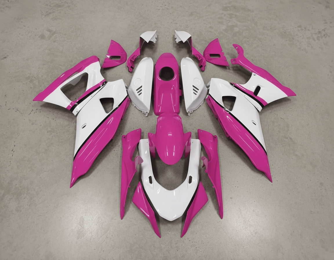 Yamaha R7 Fairings (2021-2025) Pink, White, Black Stripe from KingsMotorcycleFairings.com