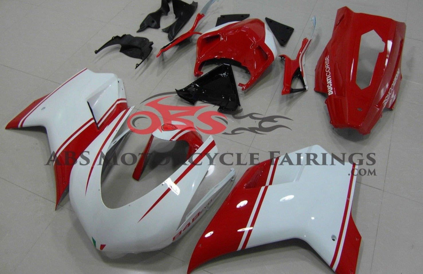 White & Red Evo Race Fairing Kit for a 2007, 2008, 2009, 2010, 2011 & 2012 Ducati 1198 motorcycle