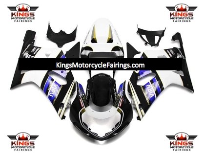 Black, White, Blue and Gold Fairing Kit for a 2000, 2001, 2002 & 2003 Suzuki GSX-R600 motorcycle