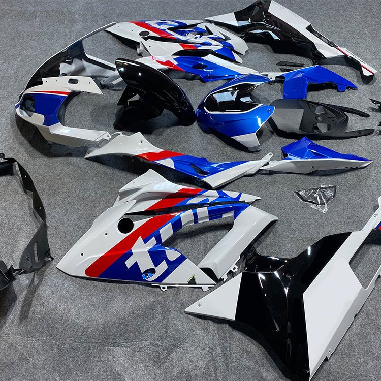 White, Blue, Red and Black Fairing Kit for a 2017 and 2018 BMW S1000RR motorcycle
