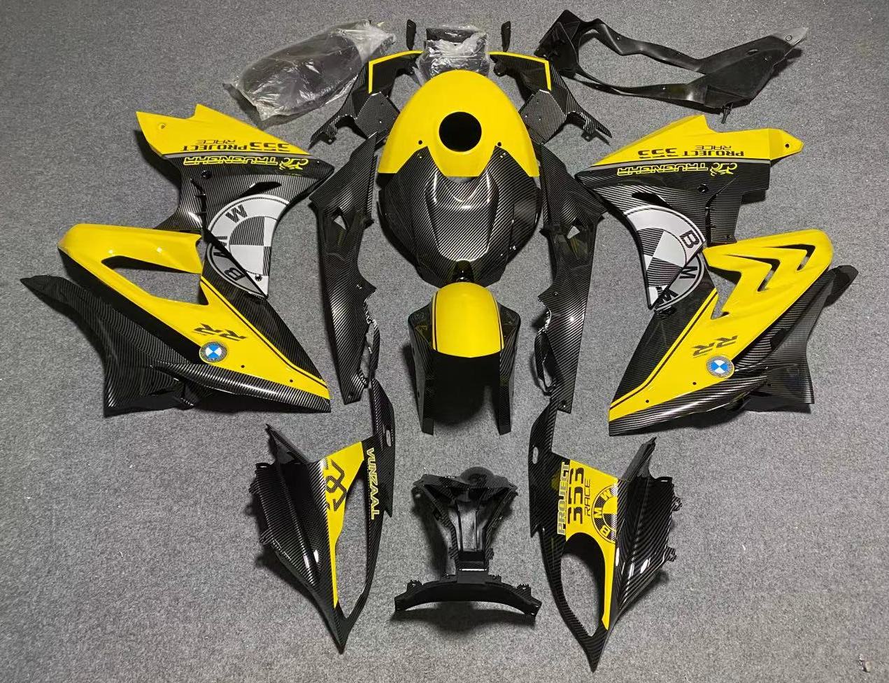 Yellow and Faux Carbon Fiber Fairing Kit for a 2017 & 2018 BMW S1000RR motorcycle