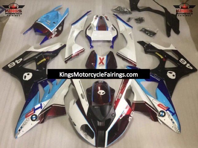 White, Light Blue, Black and Blue HP 46 Fairing Kit for a 2015 and 2016 BMW S1000RR motorcycle