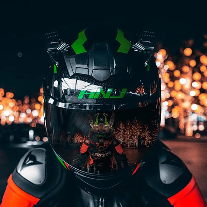 The Black and Green Warrior 999 HNJ Full-Face Motorcycle Helmet with Horns & Braids by Kings Motorcycle Fairings.