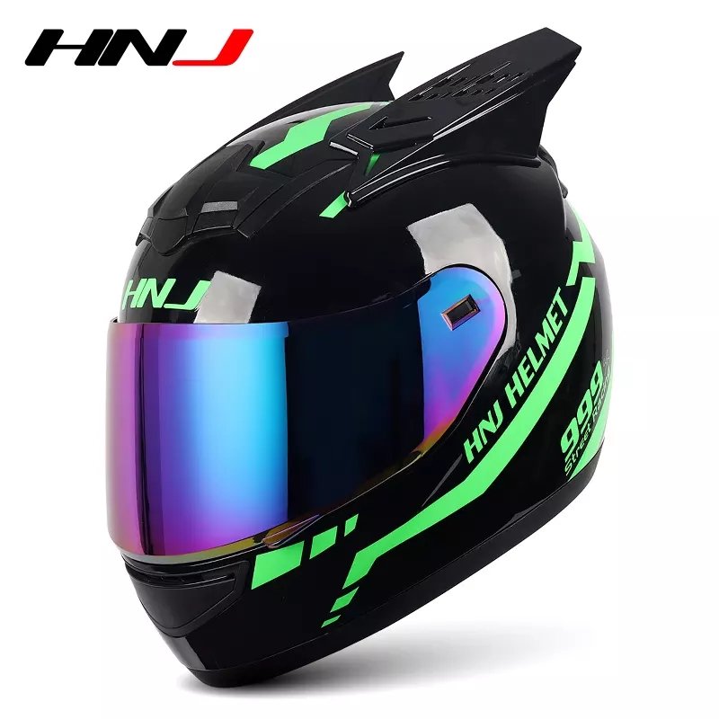 The Black and Green Warrior 999 HNJ Full-Face Motorcycle Helmet with Horns is brought to you by Kings Motorcycle Fairings.