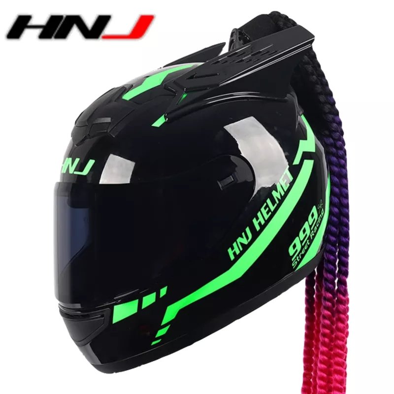 The Black and Green Warrior 999 HNJ Full-Face Motorcycle Helmet with Horns & Braids by Kings Motorcycle Fairings.