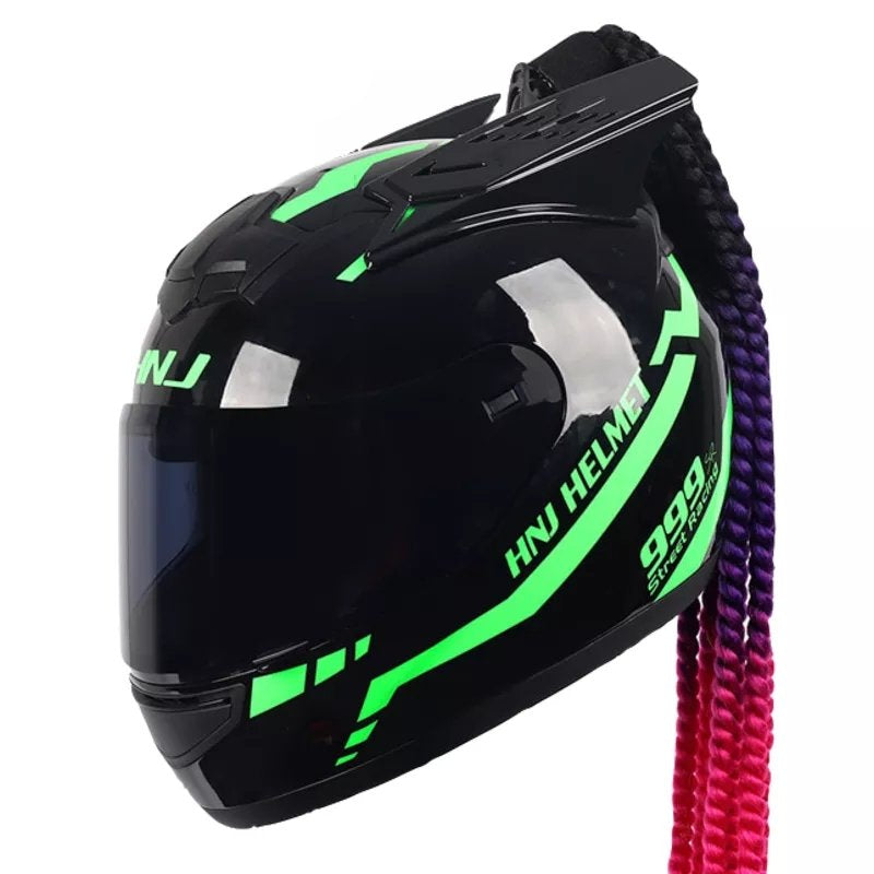 Black, Green Warrior 999 HNJ Full-Face Motorcycle Helmet with Horns & Braids by Kings Motorcycle Fairings.