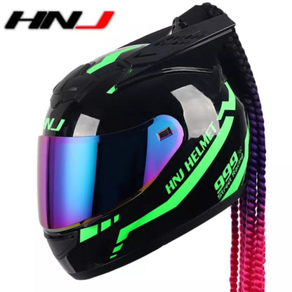 The Black and Green Warrior 999 HNJ Full-Face Motorcycle Helmet with Horns & Braids by Kings Motorcycle Fairings.