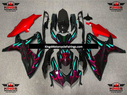 Suzuki GSXR600 (2008-2010) Black, Red & Turquoise Flame Fairings